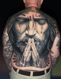black and grey realism back piece of Jesus