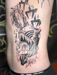 anime tattoo of chainsaw man on the ribs