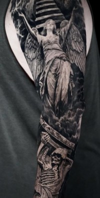 Black and white tattoo of an angel and a skeleton
