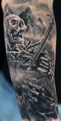 Black and white tattoo of a skeleton with a sward through its chest