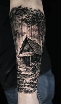 a black ink tattoo of a rustic cabin in the woods
