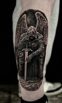 a black ink tattoo of an angel in knight's armor holding a sword