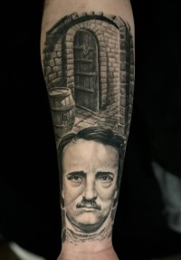 a tattoo of Edgar Allen Poe and a cellar door