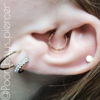 An ear pierced with several rings and a stud