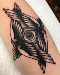 black and grey tattoo of a biblically accurate angel