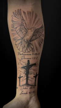 illustrative black and grey tattoo of a dove with crosses