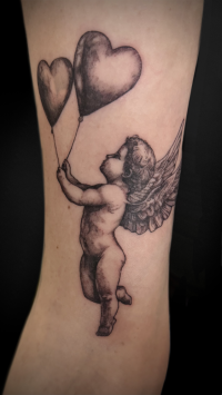 illustrative black and grey tattoo of a cherub with heart balloons