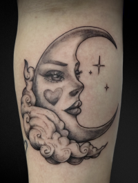 illustrative black and grey tattoo of a moon with a face and clouds