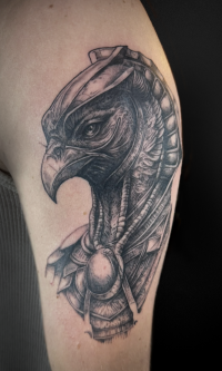 illustrative black and grey tattoo of Horus