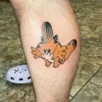 Tattoo of an alternative version of Garfield the cat with hands coming out of his face