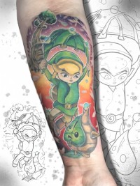 A color tattoo of a Link and a Korok from Zelda: Windwaker Nintendo video game