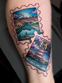 tattoo of postage stamps with scenery inside them