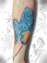 A color tattoo of a wand and Ginny's horse petronus from Harry Potter