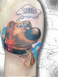 A color tattoo of the dog, Doug, from Disney's "Up" cartoon