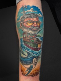 color tattoo of a illustrative fisherman fishing for a sailfin fish