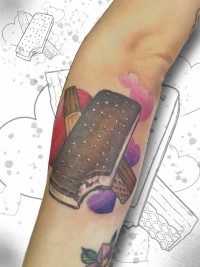 A color tattoo of sweets, featuring an ice cream sandwich